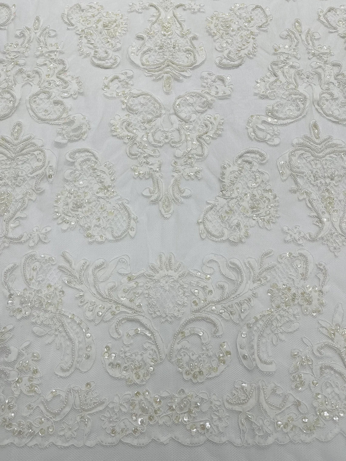 Beaded My Lady Damask Design - White - Beaded Fancy Damask Embroidered Fabric By Yard