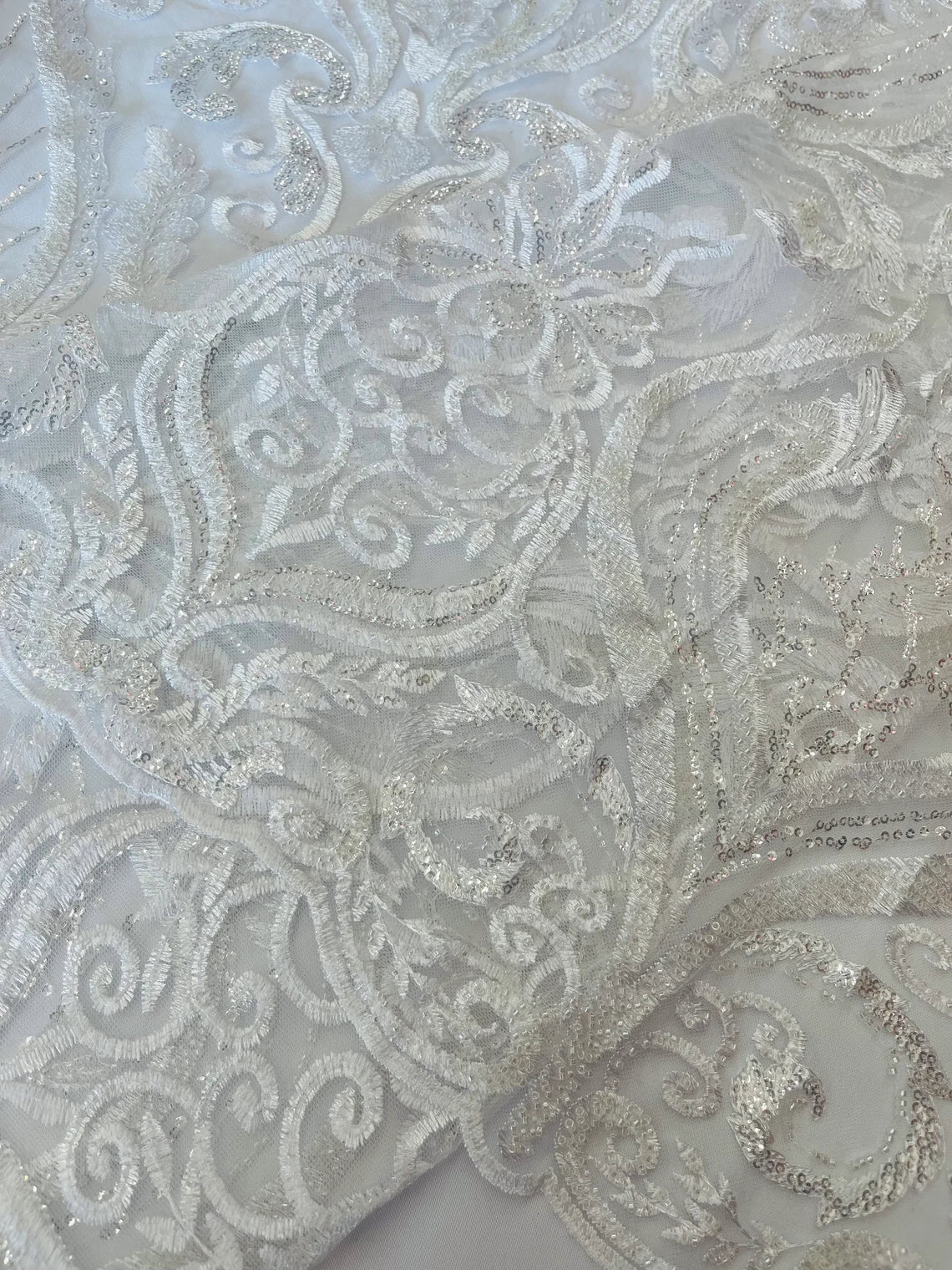 Damask Leaf Bead Fabric - White - Heavy Beaded Embroidered Sequins Lace Fabric by Yard