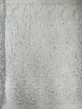 3D Floral Leaf Panels - White - Embroidered 3D Flower Lines with Pearls on Lace By Yard