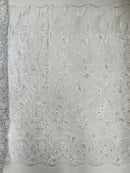 3D Floral Leaf Panels - White - Embroidered 3D Flower Lines with Pearls on Lace By Yard