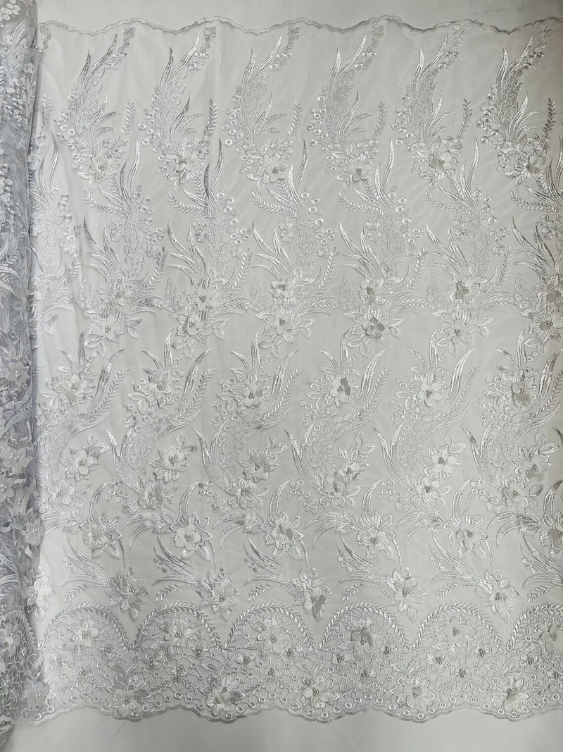 3D Floral Leaf Panels - White - Embroidered 3D Flower Lines with Pearls on Lace By Yard