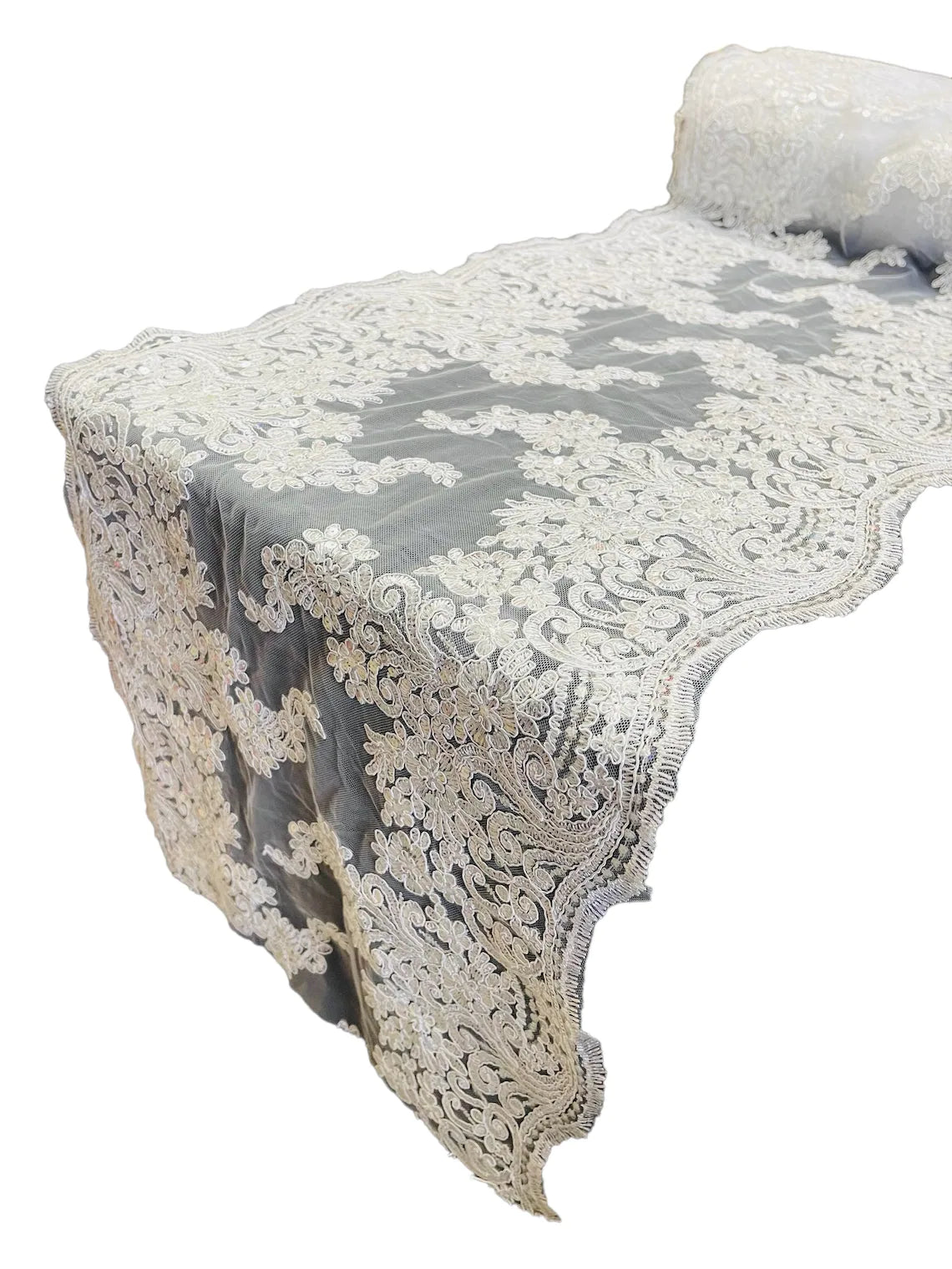 14" Metallic Floral Design Lace Table Runner - White - Event Table Decor Runner Sold By Yard