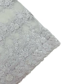 Corded Floral 3D Fabric - White - Embroidered Floral Design on Lace Mesh Fabric by Yard