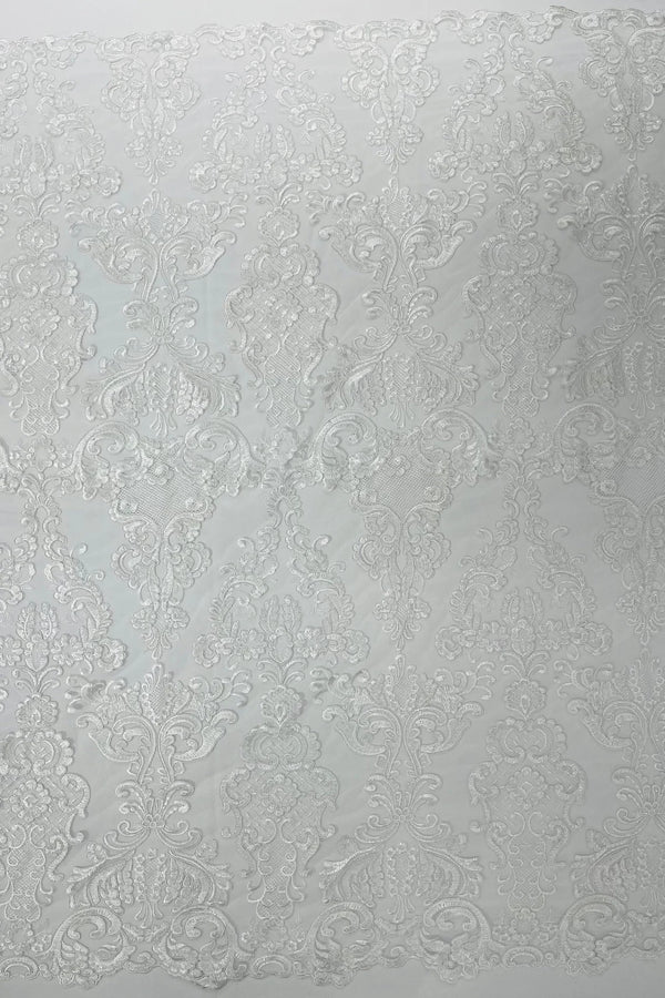 King Lace Pattern Fabric - White - Embroidered Sequins on Lace Mesh Fabric By Yard