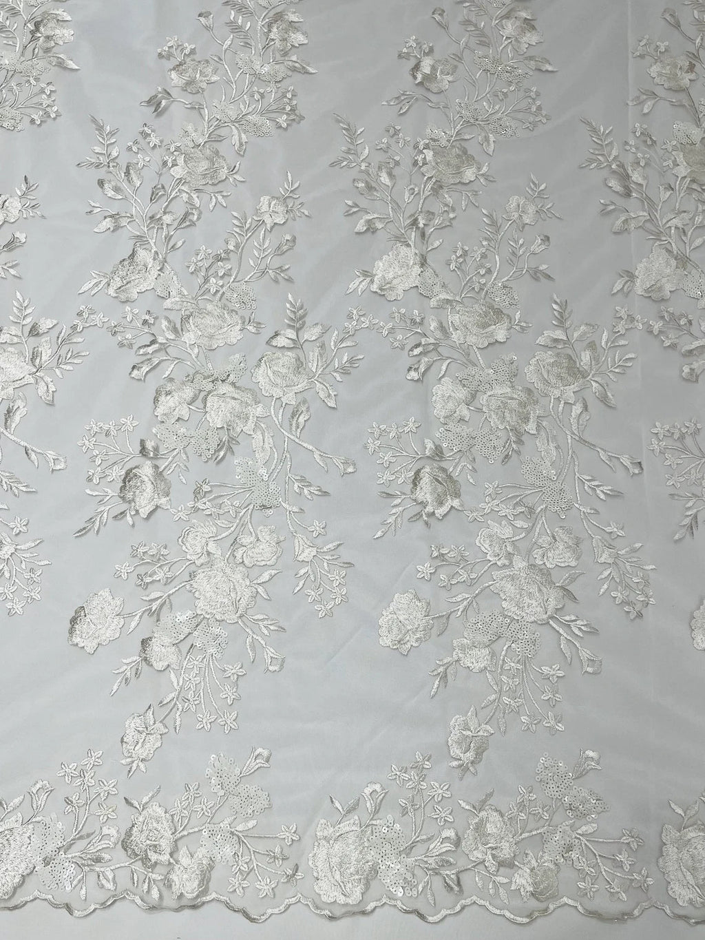 Sequins Lace Rose Design - White - Embroidered Rose Plant Design on Lace Fabric Sold By Yard