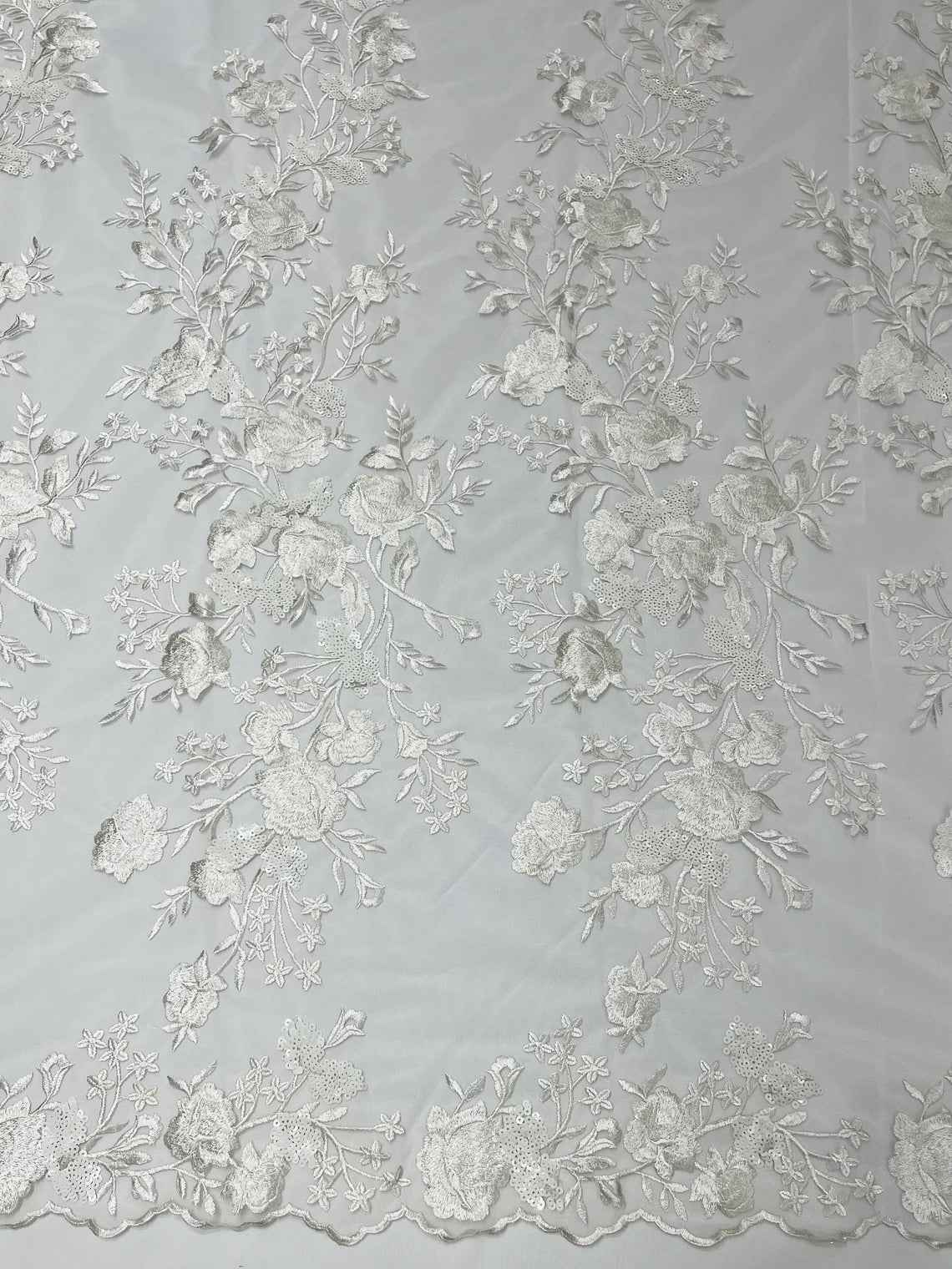 Sequins Lace Rose Design - White - Embroidered Rose Plant Design on Lace Fabric Sold By Yard