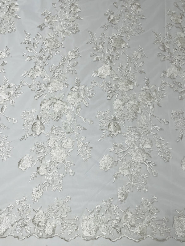 Sequins Lace Rose Design - White - Embroidered Rose Plant Design on Lace Fabric Sold By Yard