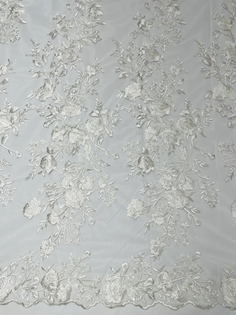 Sequins Lace Rose Design - White - Embroidered Rose Plant Design on Lace Fabric Sold By Yard