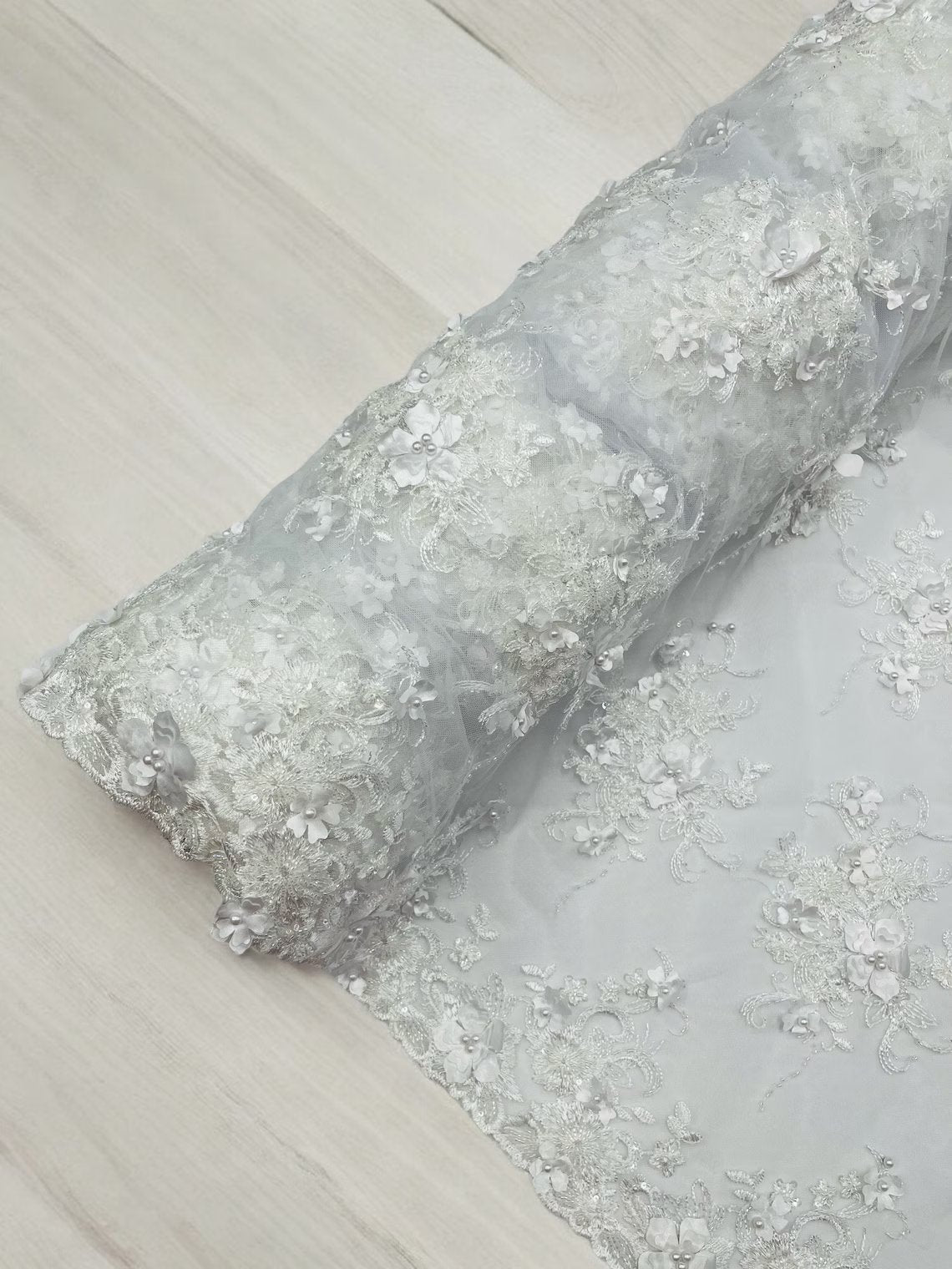 3D Flower Sequins Design - White - Embroidered Pearl Sequins Floral Clusters Lace Fabric By Yard