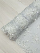 3D Flower Sequins Design - White - Embroidered Pearl Sequins Floral Clusters Lace Fabric By Yard