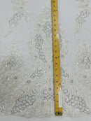 Heavy Bead Floral Fabric - White - Beaded Flower Design Fabric Fancy Border By Yard