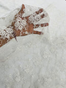 Embroidered Flower Fabric - White - Floral Design Scalloped Border Fabric By Yard