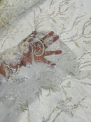 3D Tulle Flower Bead Fabric - White - Mesh Flower Plant Design with Beads By Yard