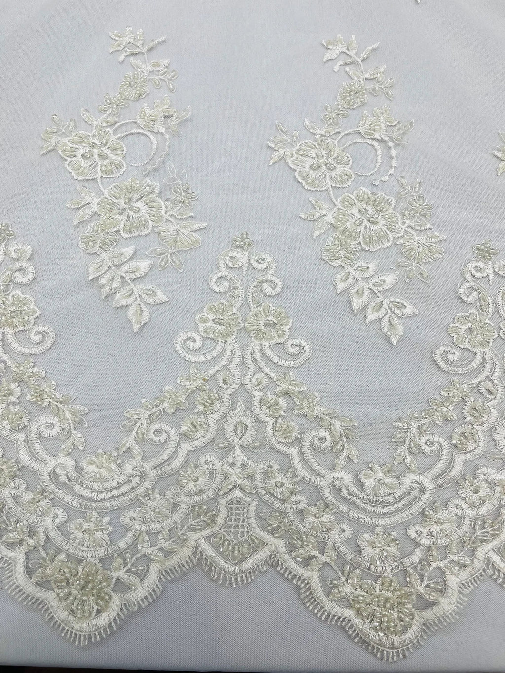 Beaded Floral Fabric - White - Embroidered Flower Cluster Beaded Fabric Sold By Yard