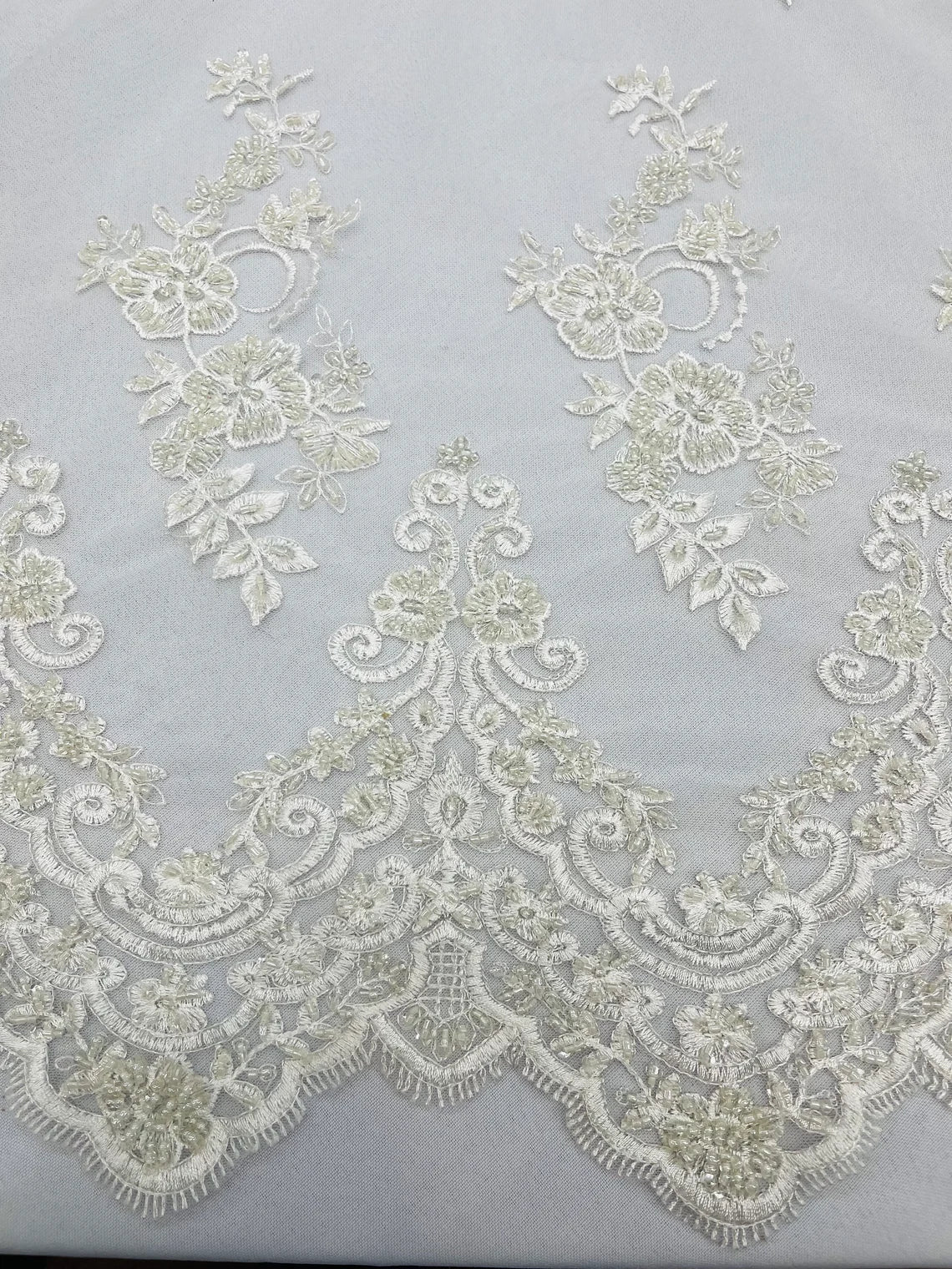 Beaded Floral Fabric - White - Embroidered Flower Cluster Beaded Fabric Sold By Yard