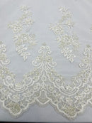 Beaded Floral Fabric - White - Embroidered Flower Cluster Beaded Fabric Sold By Yard
