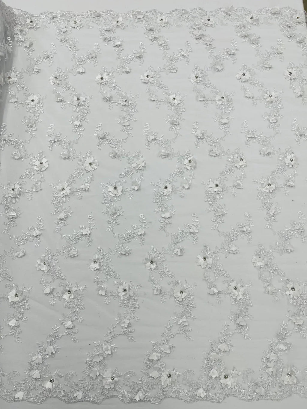 3D Lace Flower Fabric - White - Embroidered Sequins and 3D Floral Patterns on Lace By Yard