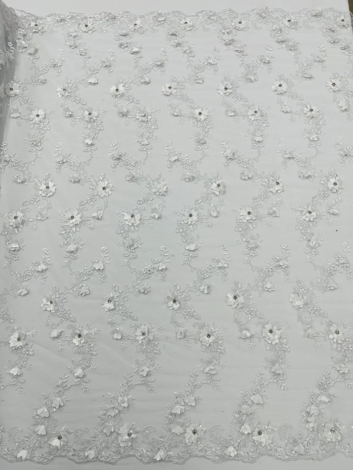 3D Lace Flower Fabric - White - Embroidered Sequins and 3D Floral Patterns on Lace By Yard