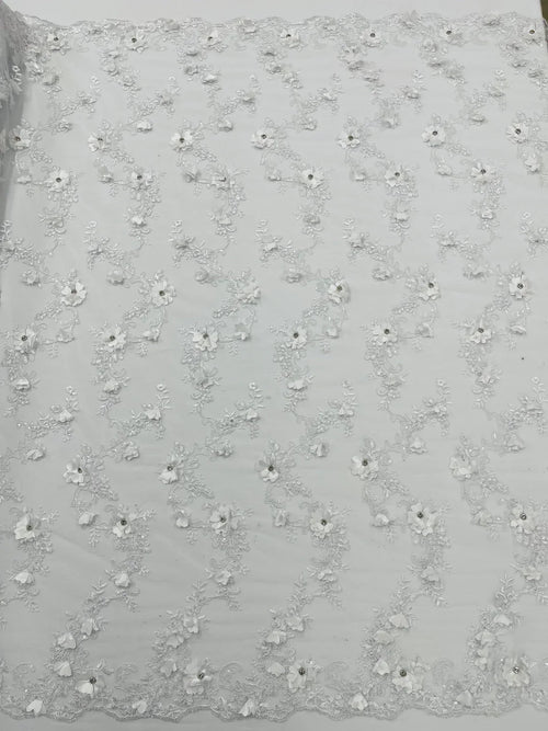 3D Lace Flower Fabric - White - Embroidered Sequins and 3D Floral Patterns on Lace By Yard