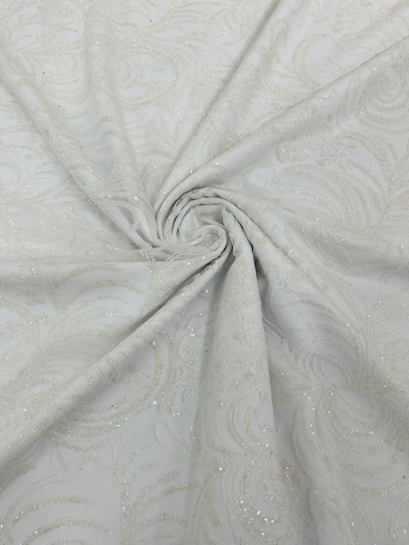 Glitter Palm Leaf Design Fabric - White - Tulle Mesh Glitter Leaf Design Fabric Sold By Yard