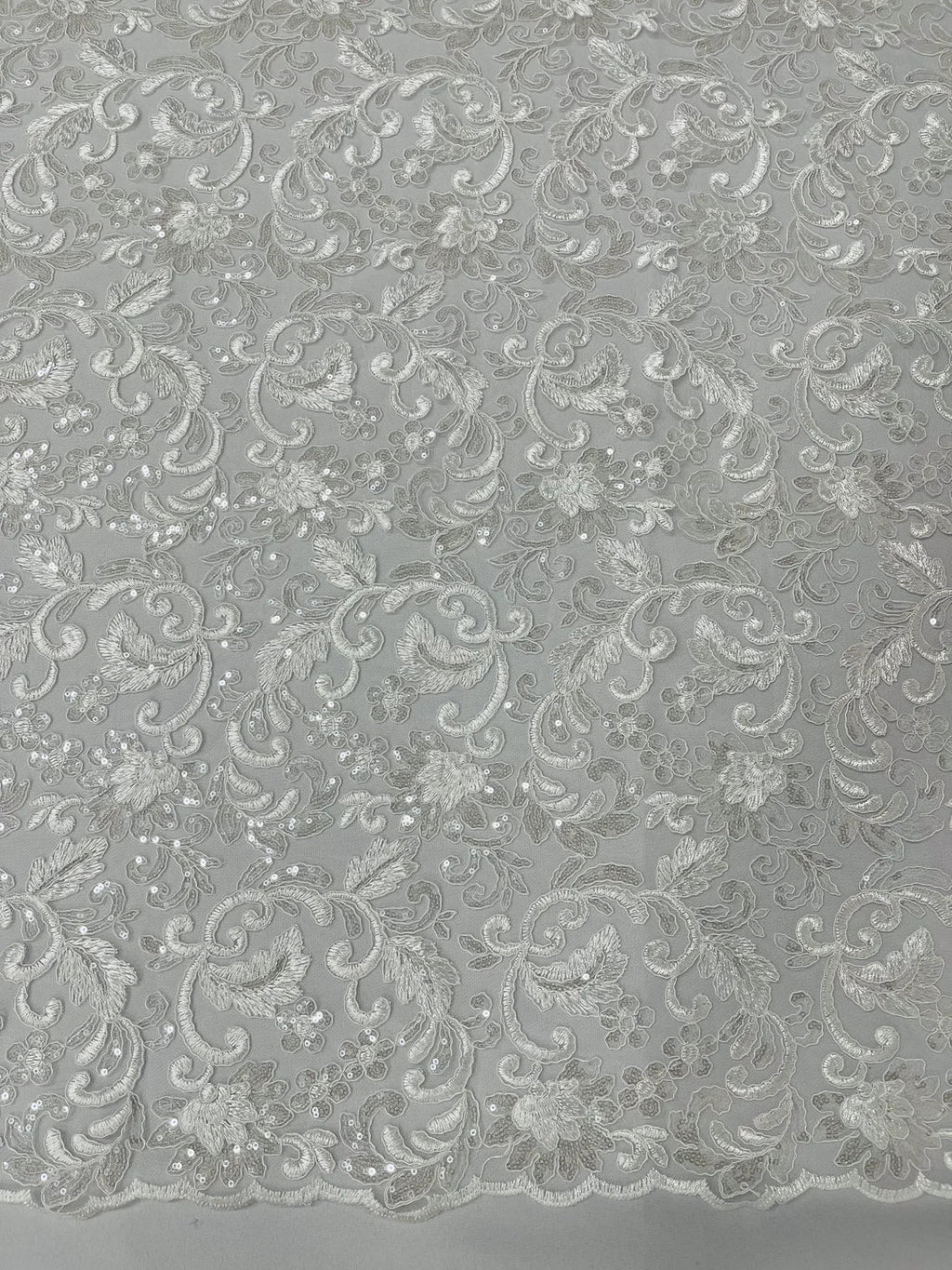 Metallic Floral Lace Fabric - White - Embroidered Sequins Floral Design Yard