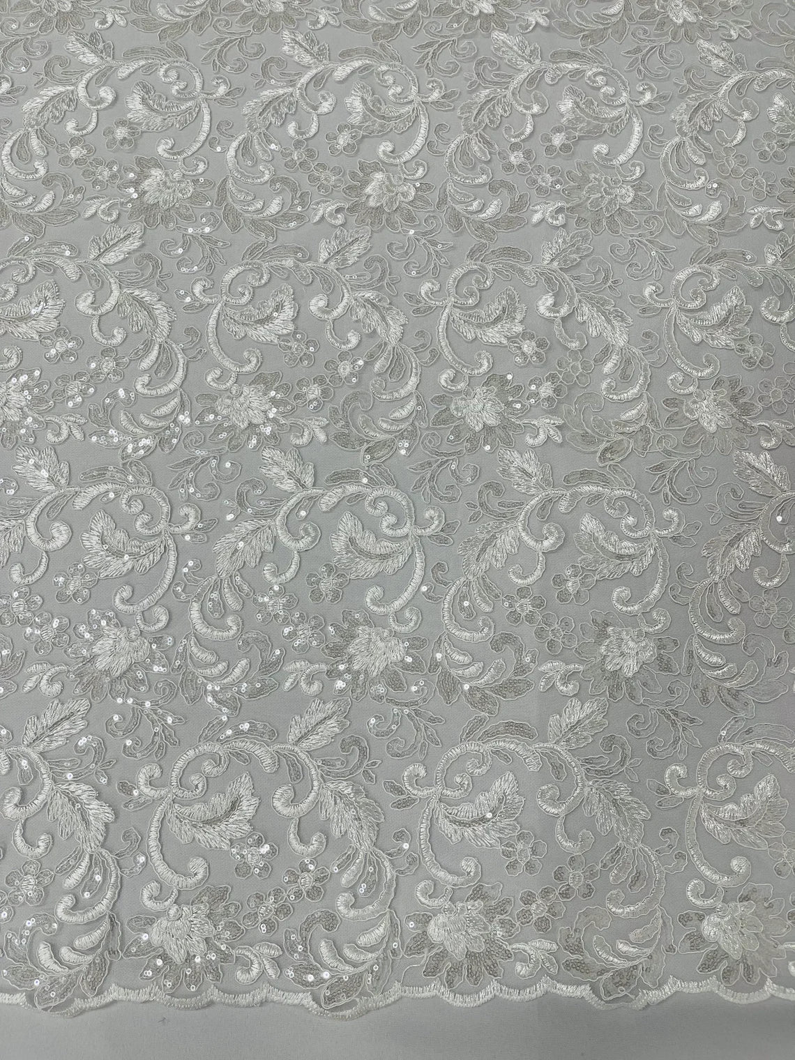 Metallic Floral Lace Fabric - White - Embroidered Sequins Floral Design Yard