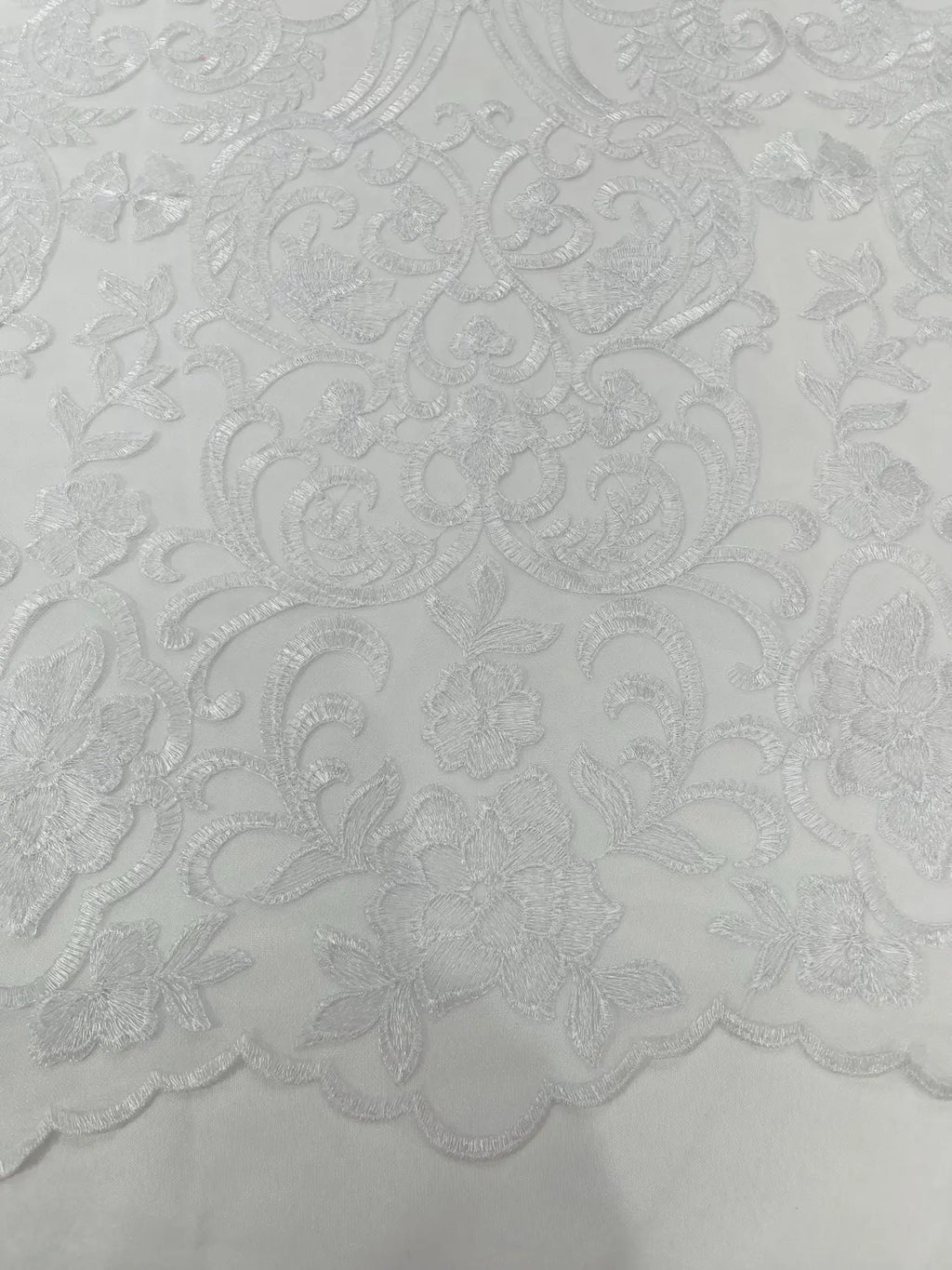 Fancy Damask Lace Fabric - White - Embroidered Damask Design Mesh on Lace Fabric by Yard