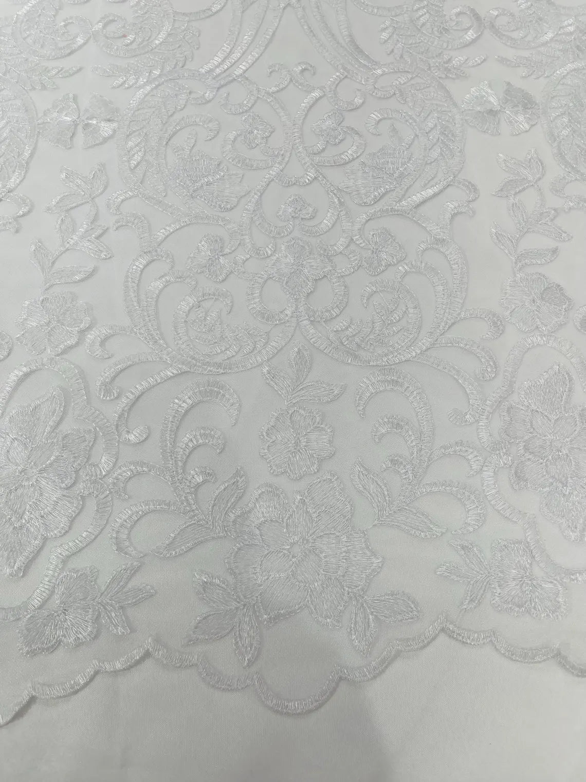 Fancy Damask Lace Fabric - White - Embroidered Damask Design Mesh on Lace Fabric by Yard