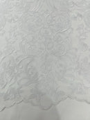 Fancy Damask Lace Fabric - White - Embroidered Damask Design Mesh on Lace Fabric by Yard
