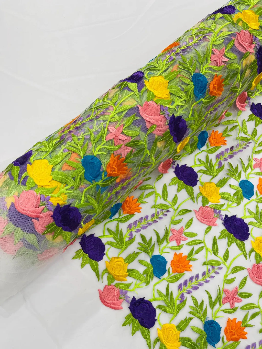 Multi-Color Mexican Sarape Fabric - White Mesh Flower Design Embroidered Lace Fabric By Yard