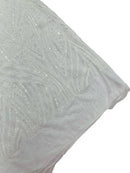 Curvy Line Design Fabric - White - 4 Way Stretch Sequins Design Mesh Lace Fabric by Yard