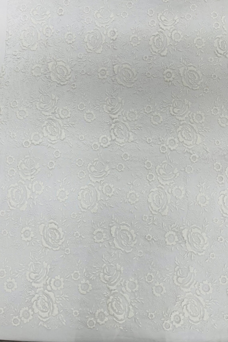 3D Rose Chunky Glitter Fabric - White - Rose Floral Design Glitter on Tulle Fabric Sold by Yard