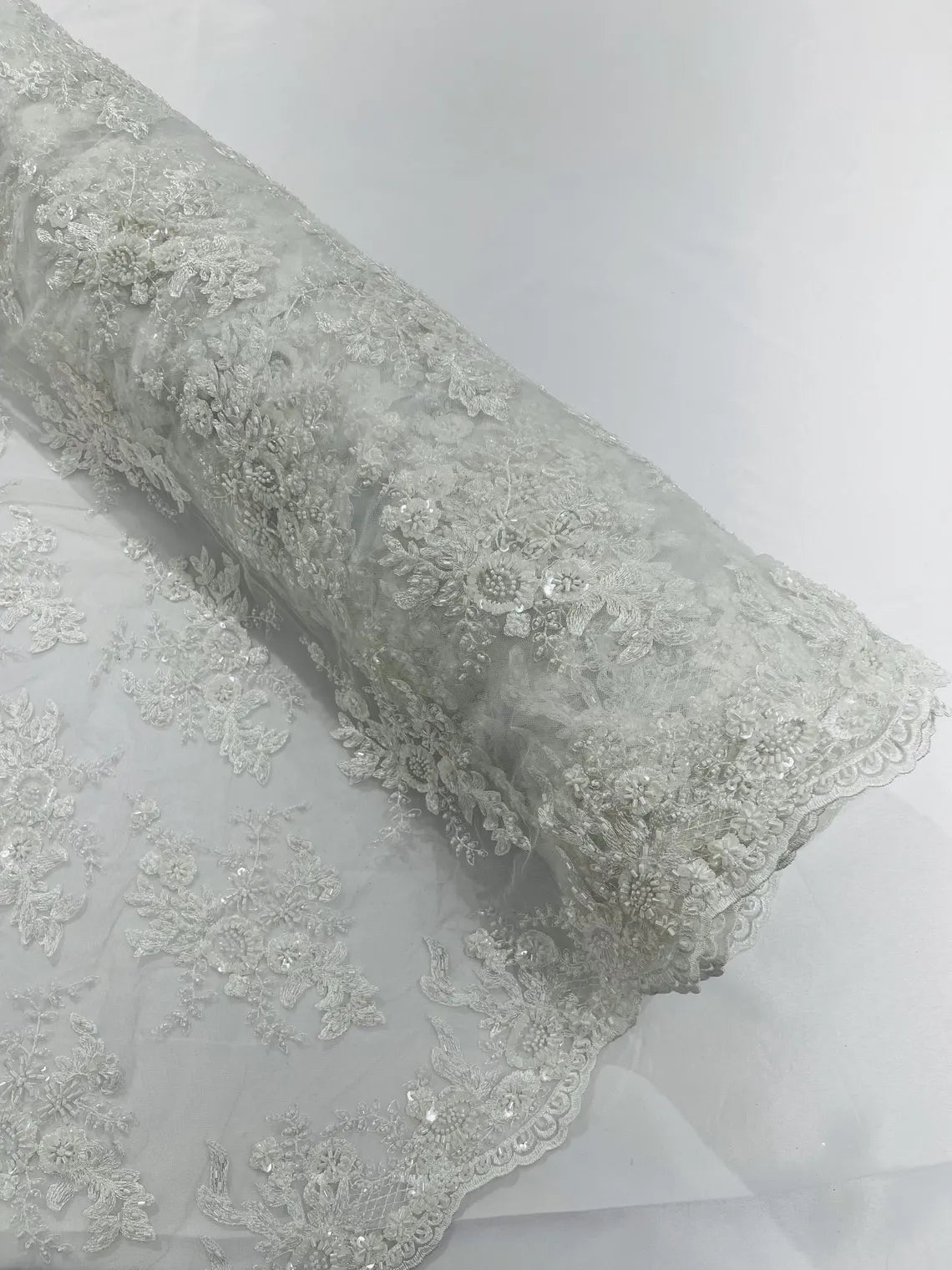 Floral Leaf Beaded Fabric - White - Embroidered Flower Leaf Design Beaded Fabric By Yard