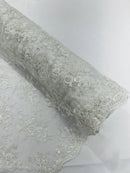 Floral Leaf Beaded Fabric - White - Embroidered Flower Leaf Design Beaded Fabric By Yard