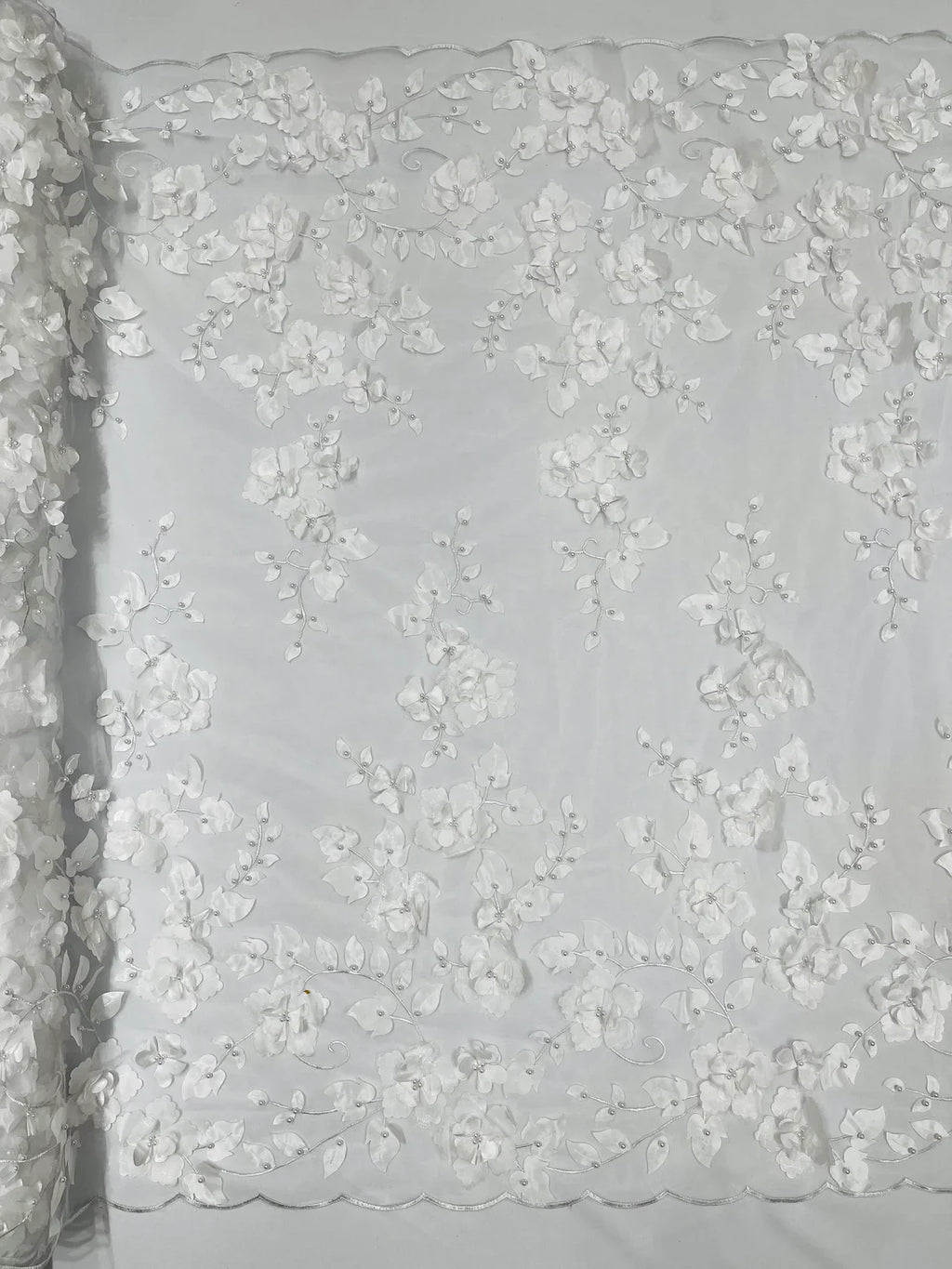 3D Floral Pearl Fabric - White - Embroidered Floral Pearl Fabric Double Border On Mesh By Yard