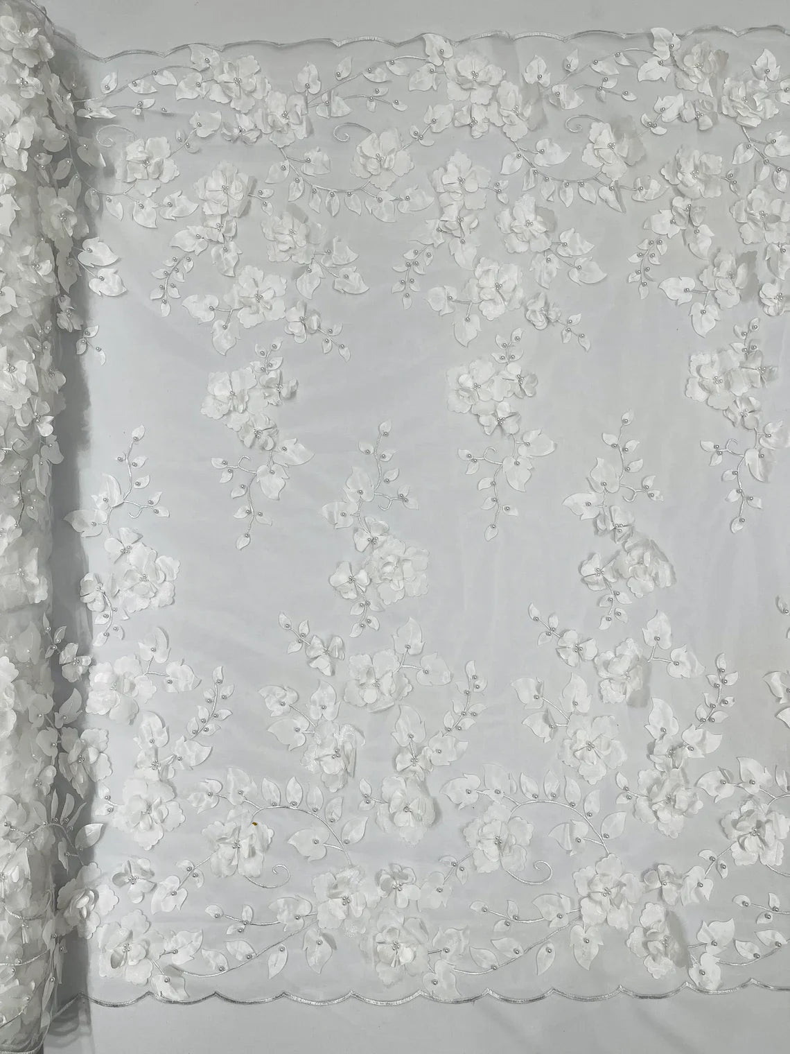 3D Floral Pearl Fabric - White - Embroidered Floral Pearl Fabric Double Border On Mesh By Yard