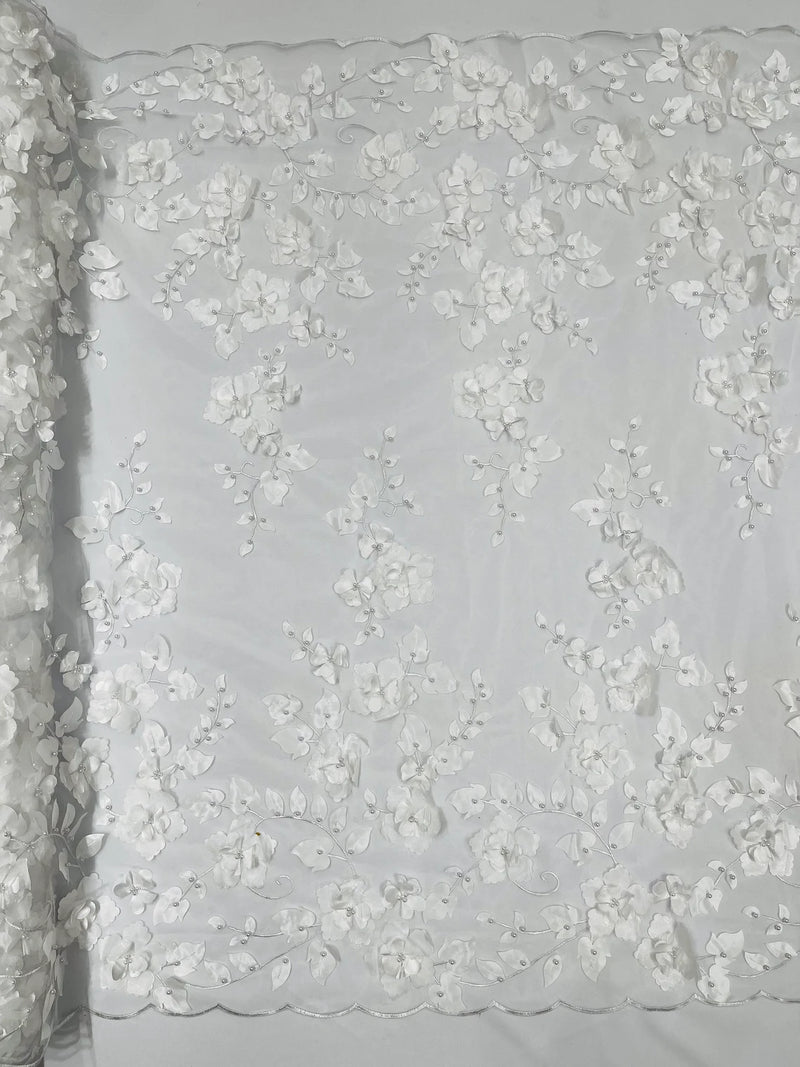 3D Floral Pearl Fabric - White - Embroidered Floral Pearl Fabric Double Border On Mesh By Yard