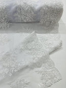 Floral Lace Flower Fabric - White - Floral Embroidered Fabric with Sequins on Lace By Yard