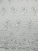 3D Floral Fabric with Floral Border - White - Embroidered Floral Fabric with Sequin and Beads By Yard