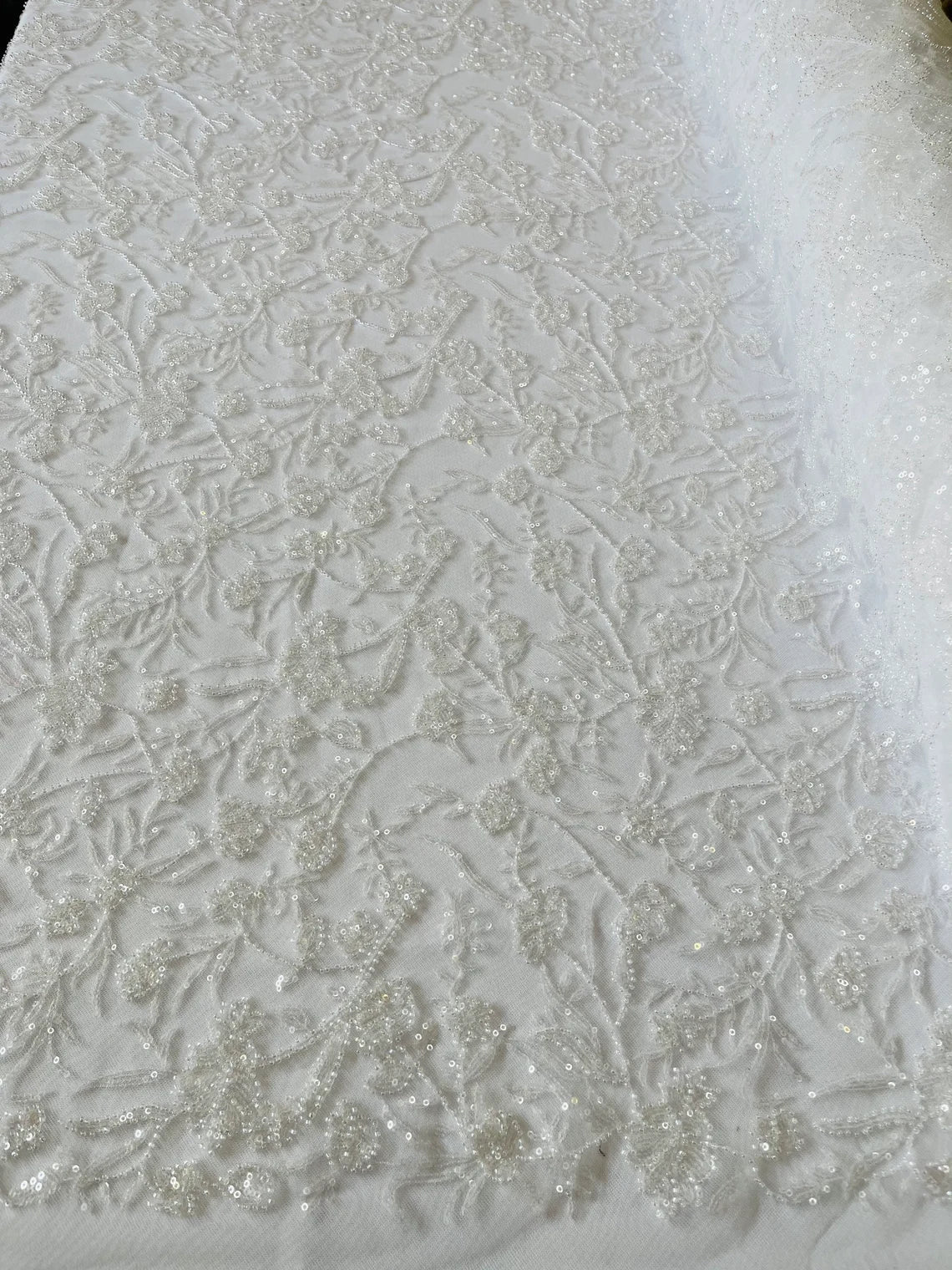 Floral Pattern Beaded Fabric - White - Embroidered Bead & Sequins Wedding Bridal Fabric Sold By The Yard