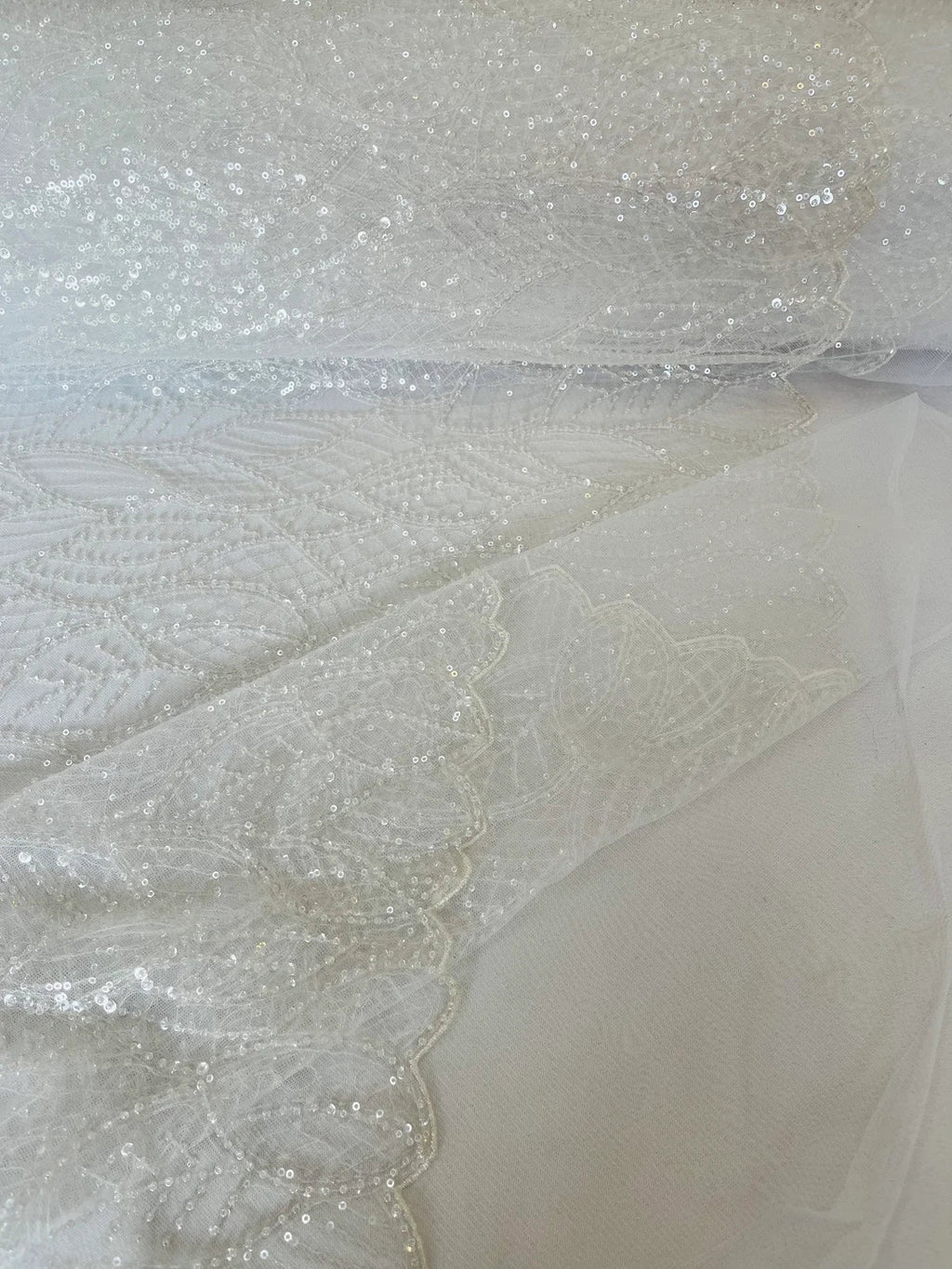 Beaded Leaf Designs Fabric - White - Embroidered Beads in Leaves Pattern Sold By Yard