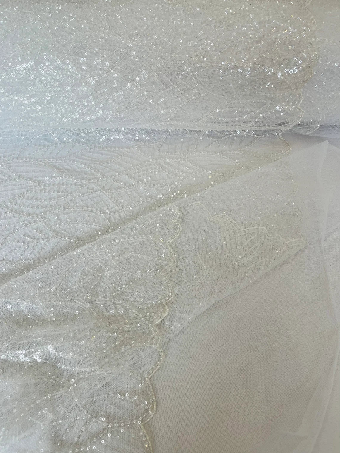 Beaded Leaf Designs Fabric - White - Embroidered Beads in Leaves Pattern Sold By Yard
