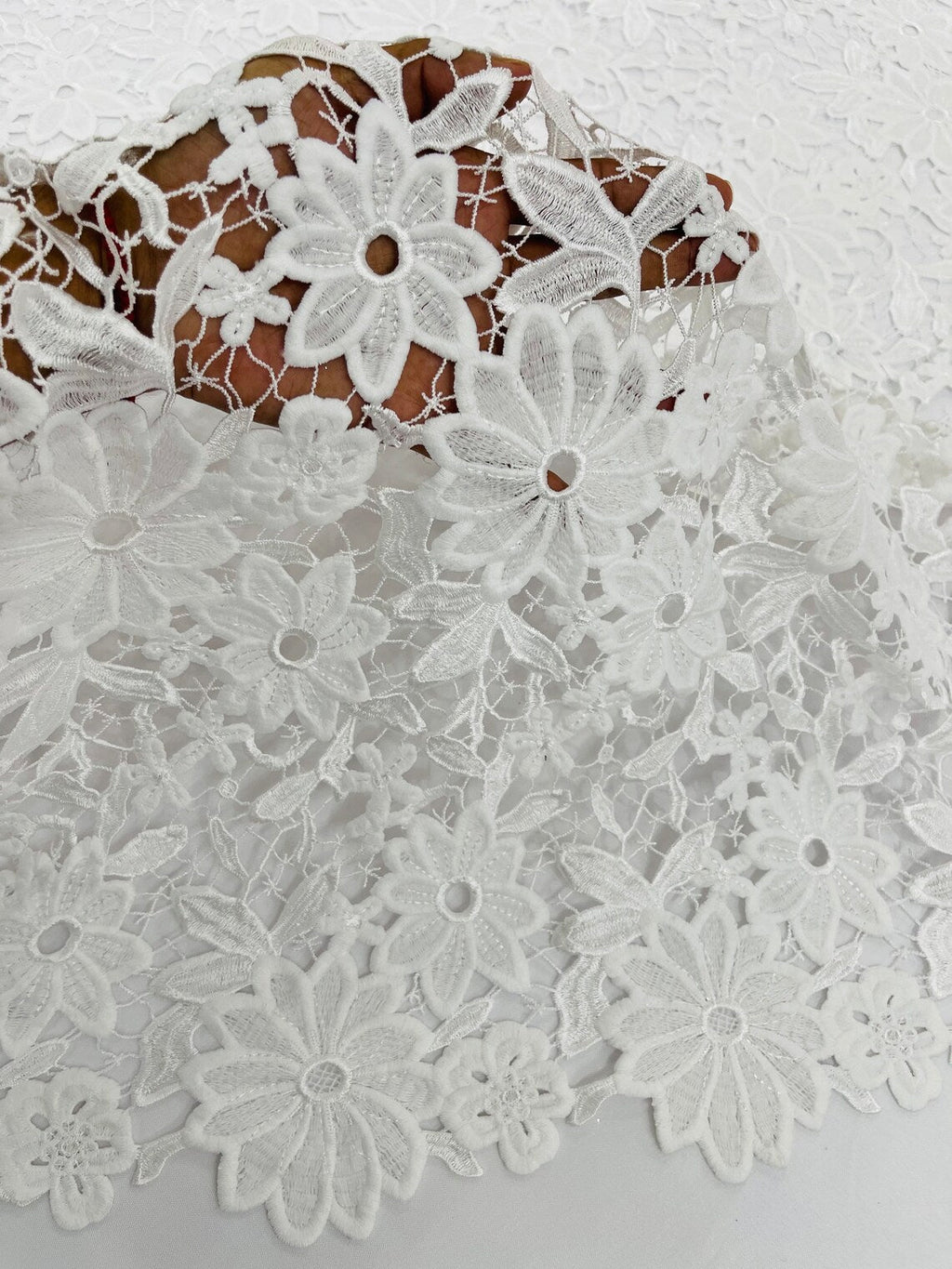Guipure Lace Design Fabric - White - Solid Floral Lace Fabric by Yard