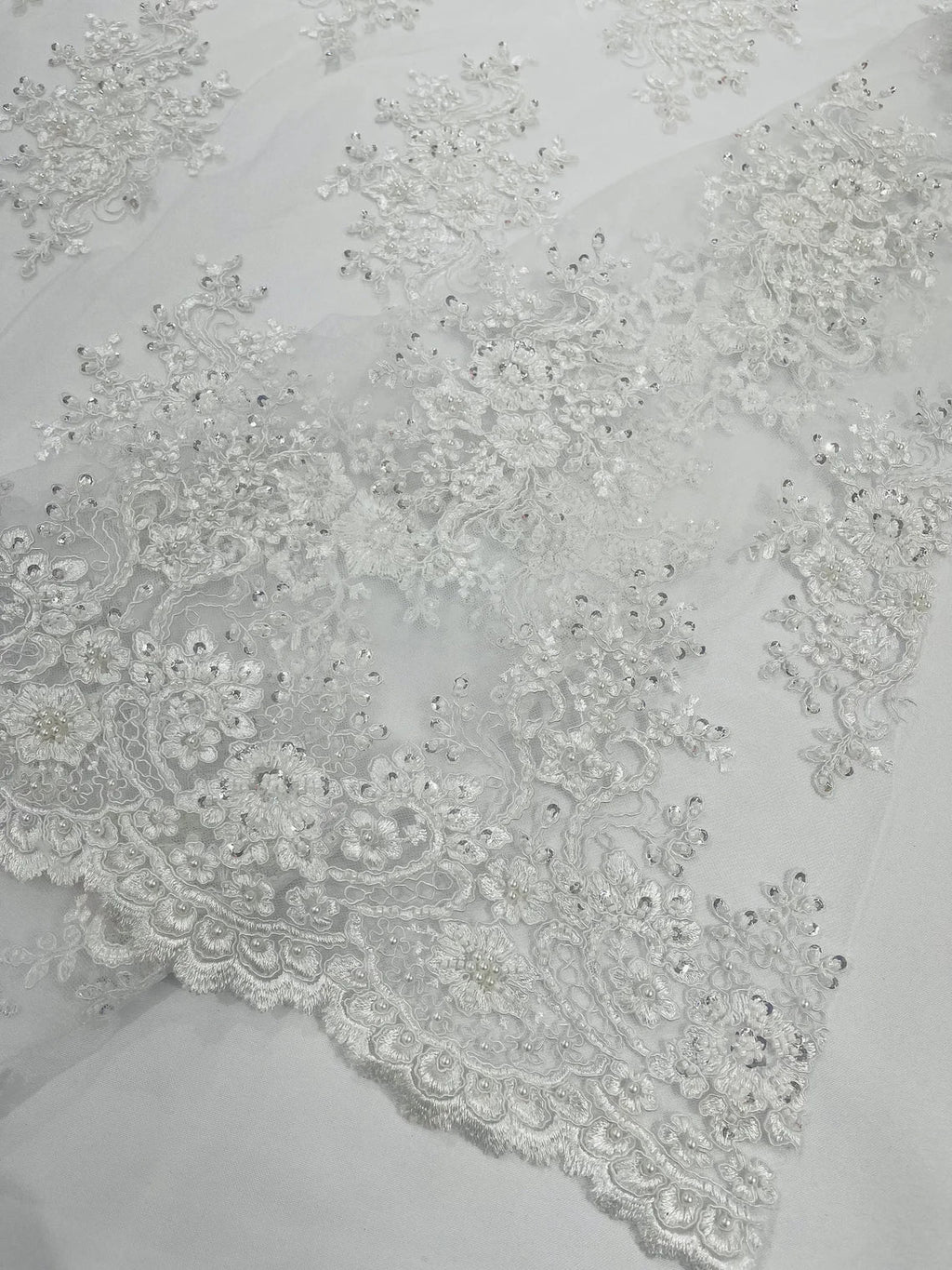 Floral Pearl Bead Fabric - White - Flower Design with Beads and Sequins Fabric Sold By Yard