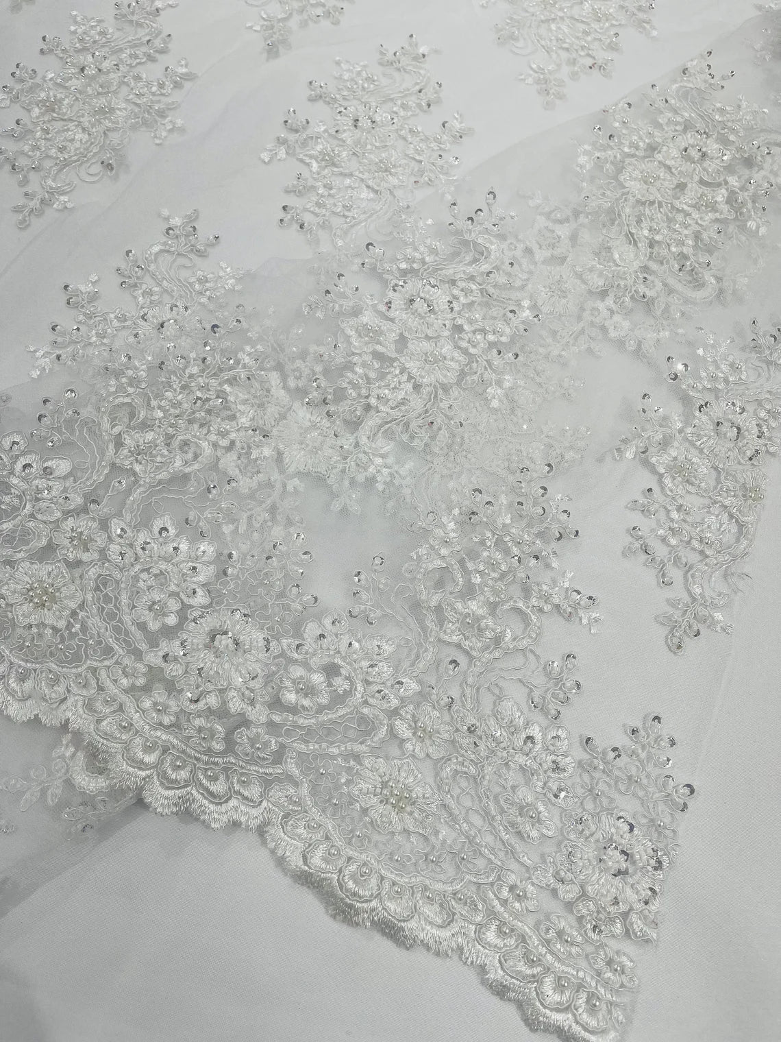 Floral Pearl Bead Fabric - White - Flower Design with Beads and Sequins Fabric Sold By Yard