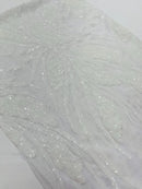 Wavy Leaf Sequins Fabric - White - Wavy Lines and Leaves Design on Lace Mesh Fabric by Yard
