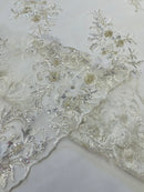 3D Floral Rhinestone Fabric - White - Beaded Flower Clusters with Rhinestones and Sequins By Yard