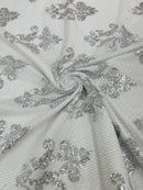 King Damask Design Fabric - White - Embroidered Corded Mesh Lace Fabric with Sequins By Yard