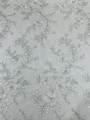 Two Tone Lace Floral Fabric - White - Embroidered Flower Designs with Sequins on Lace Fabric Sold By Yard