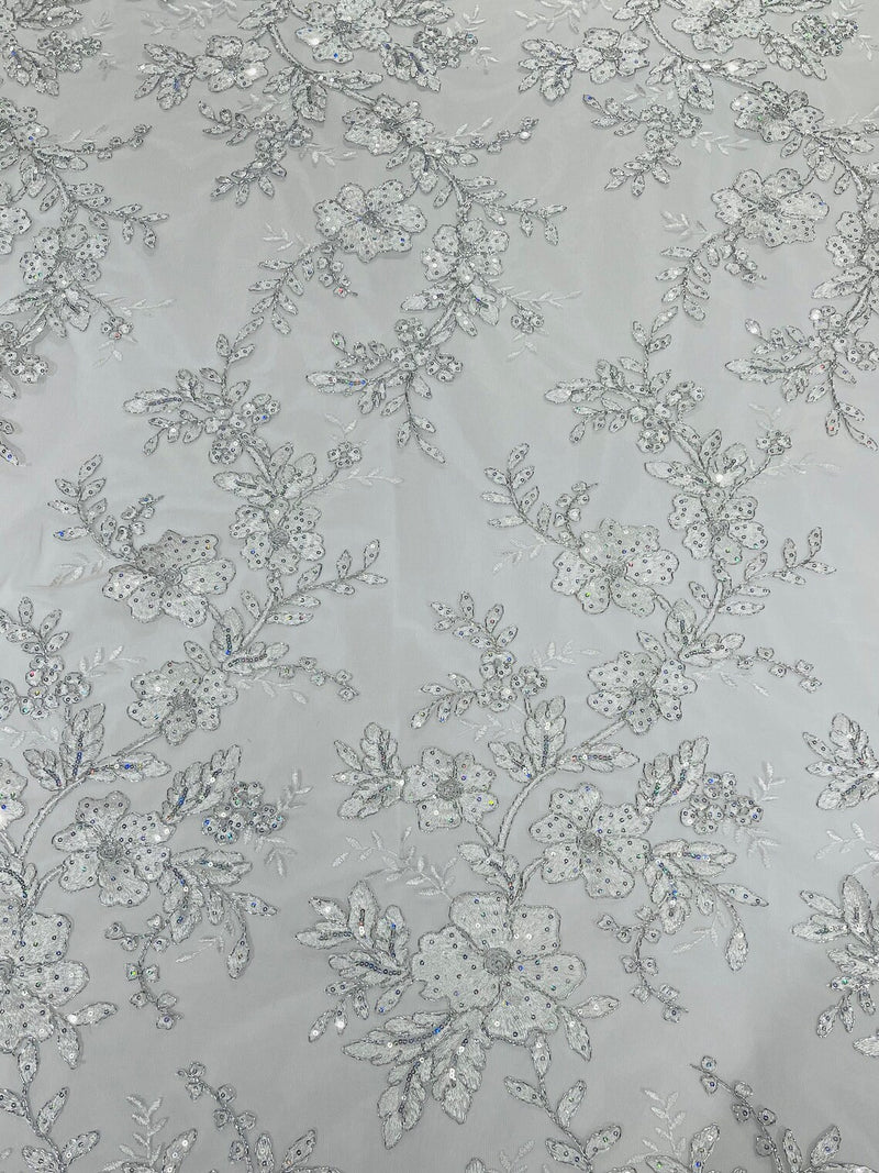 Two Tone Lace Floral Fabric - White - Embroidered Flower Designs with Sequins on Lace Fabric Sold By Yard